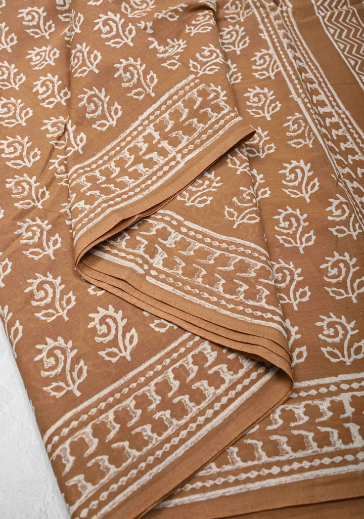 Wood Brown Mul Cotton Saree with Floral Bagru Hand Block Print