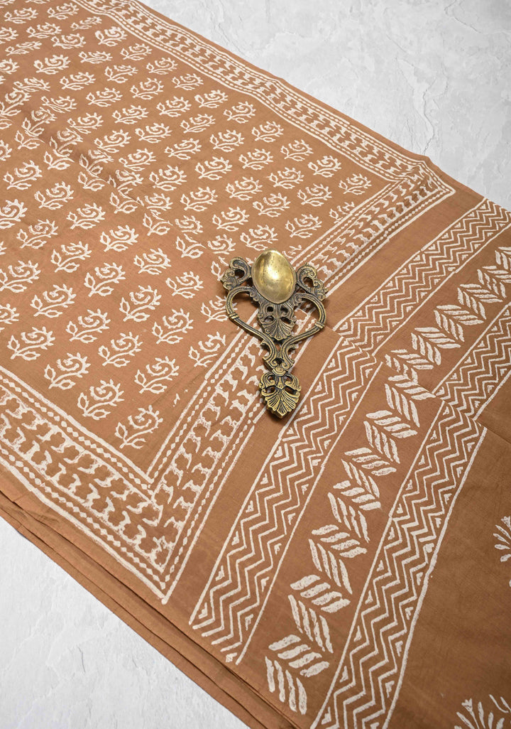 Wood Brown Mul Cotton Saree with Floral Bagru Hand Block Print