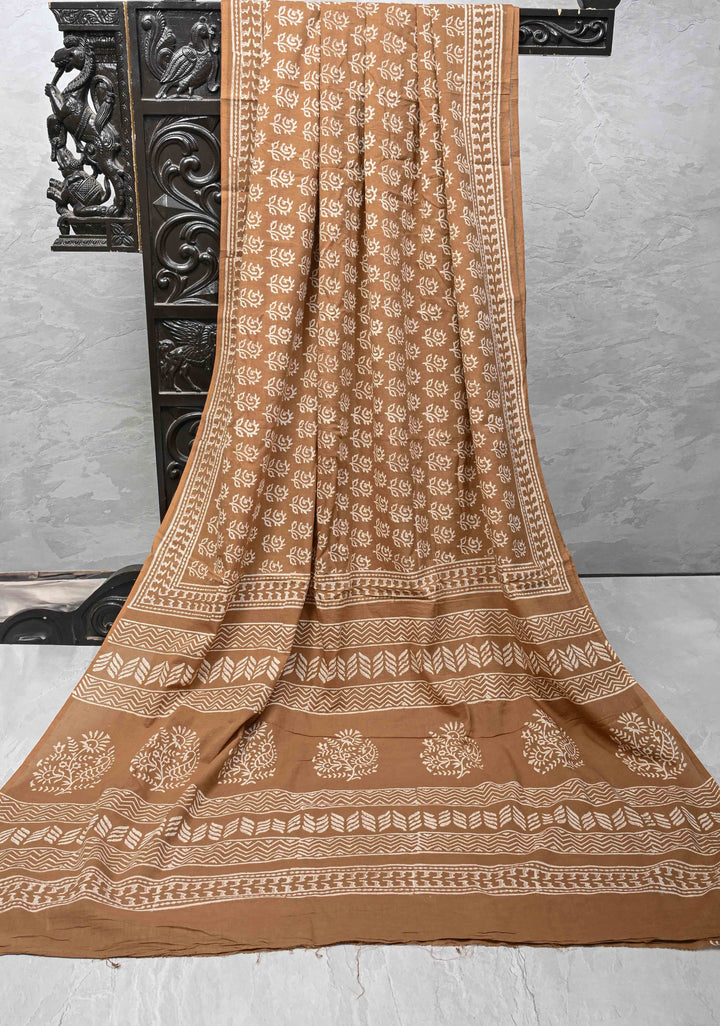Wood Brown Mul Cotton Saree with Floral Bagru Hand Block Print