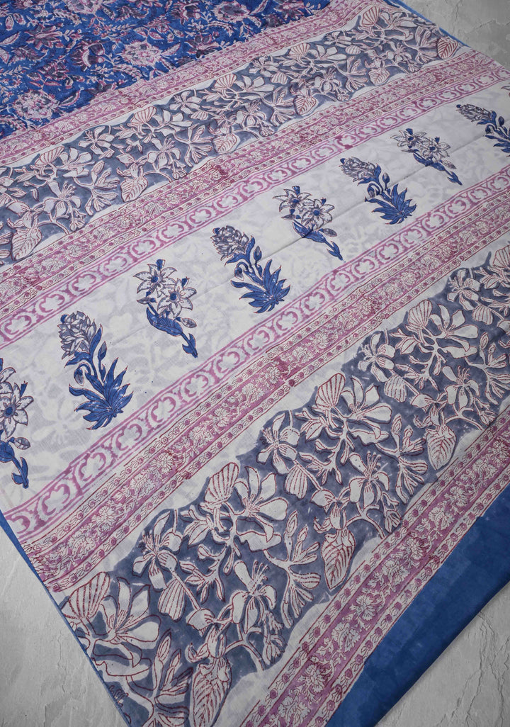 Blue Chanderi Cotton Silk Saree with Sanganeri Floral Hand Block Print