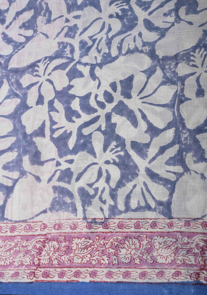 Blue Chanderi Cotton Silk Saree with Sanganeri Floral Hand Block Print