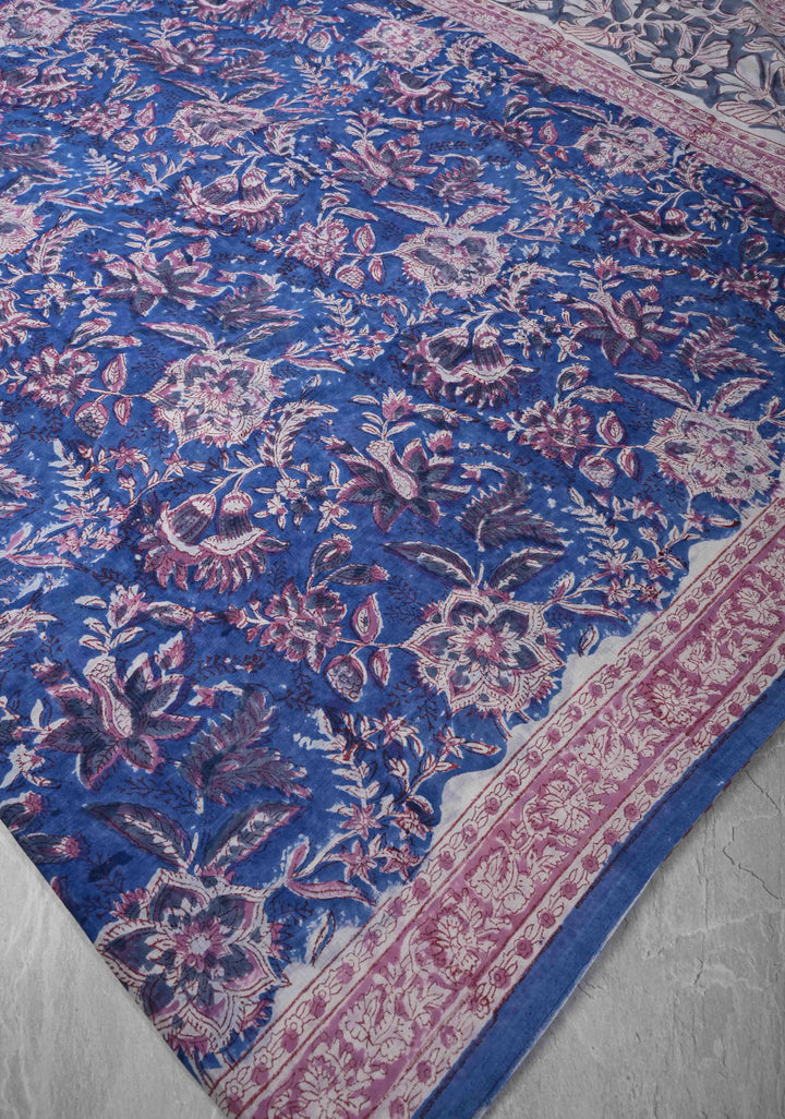 Blue Chanderi Cotton Silk Saree with Sanganeri Floral Hand Block Print