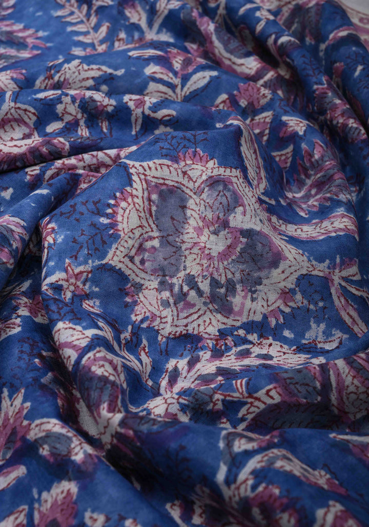 Blue Chanderi Cotton Silk Saree with Sanganeri Floral Hand Block Print
