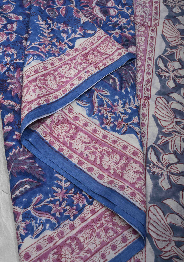 Blue Chanderi Cotton Silk Saree with Sanganeri Floral Hand Block Print