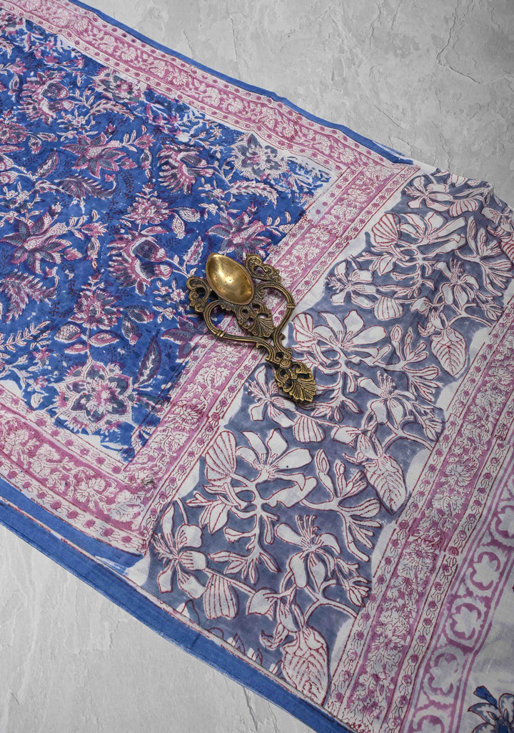 Blue Chanderi Cotton Silk Saree with Sanganeri Floral Hand Block Print