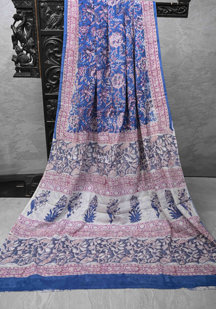 Blue Chanderi Cotton Silk Saree with Sanganeri Floral Hand Block Print