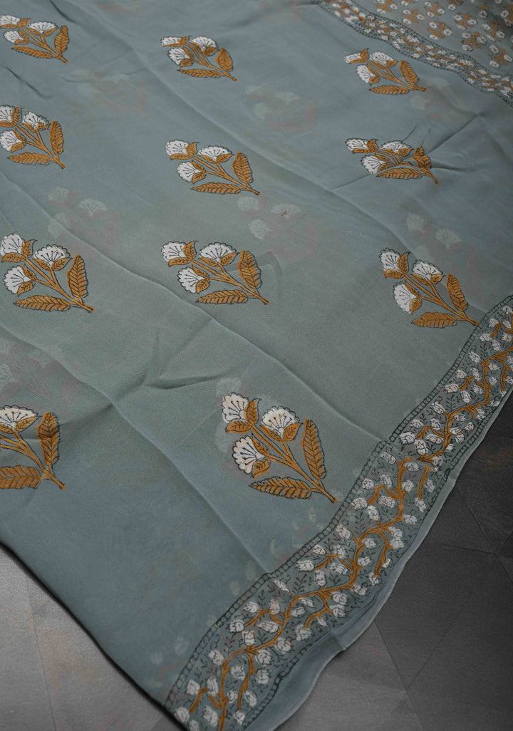 Gray Georgette Saree with Sanganeri Hand Block Print