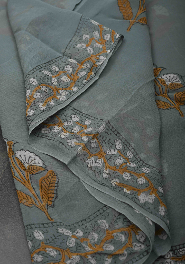 Gray Georgette Saree with Sanganeri Hand Block Print