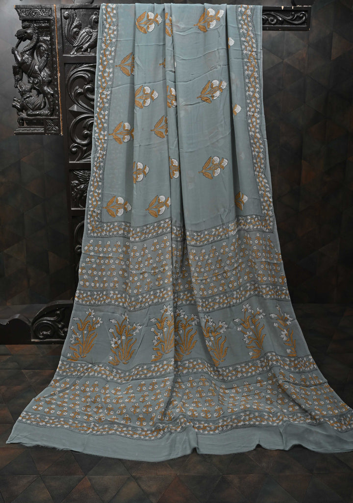 Gray Georgette Saree with Sanganeri Hand Block Print