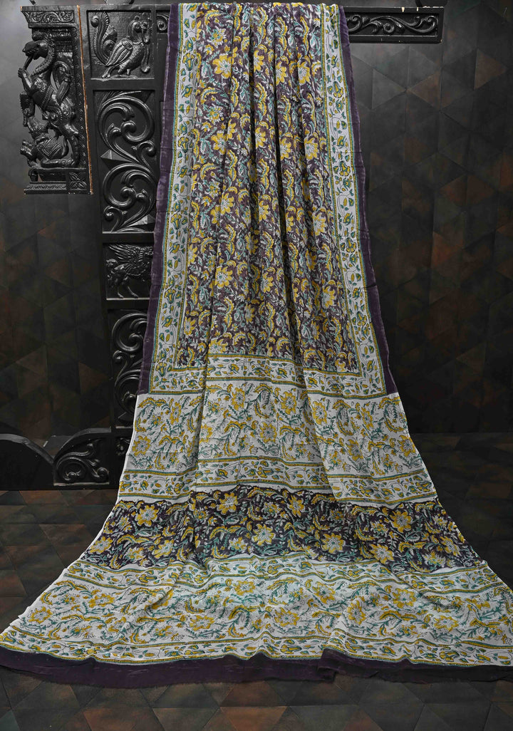 Dark Purple Georgette Saree with Sanganeri Hand Block Print