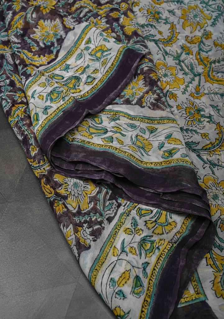 Dark Purple Georgette Saree with Sanganeri Hand Block Print