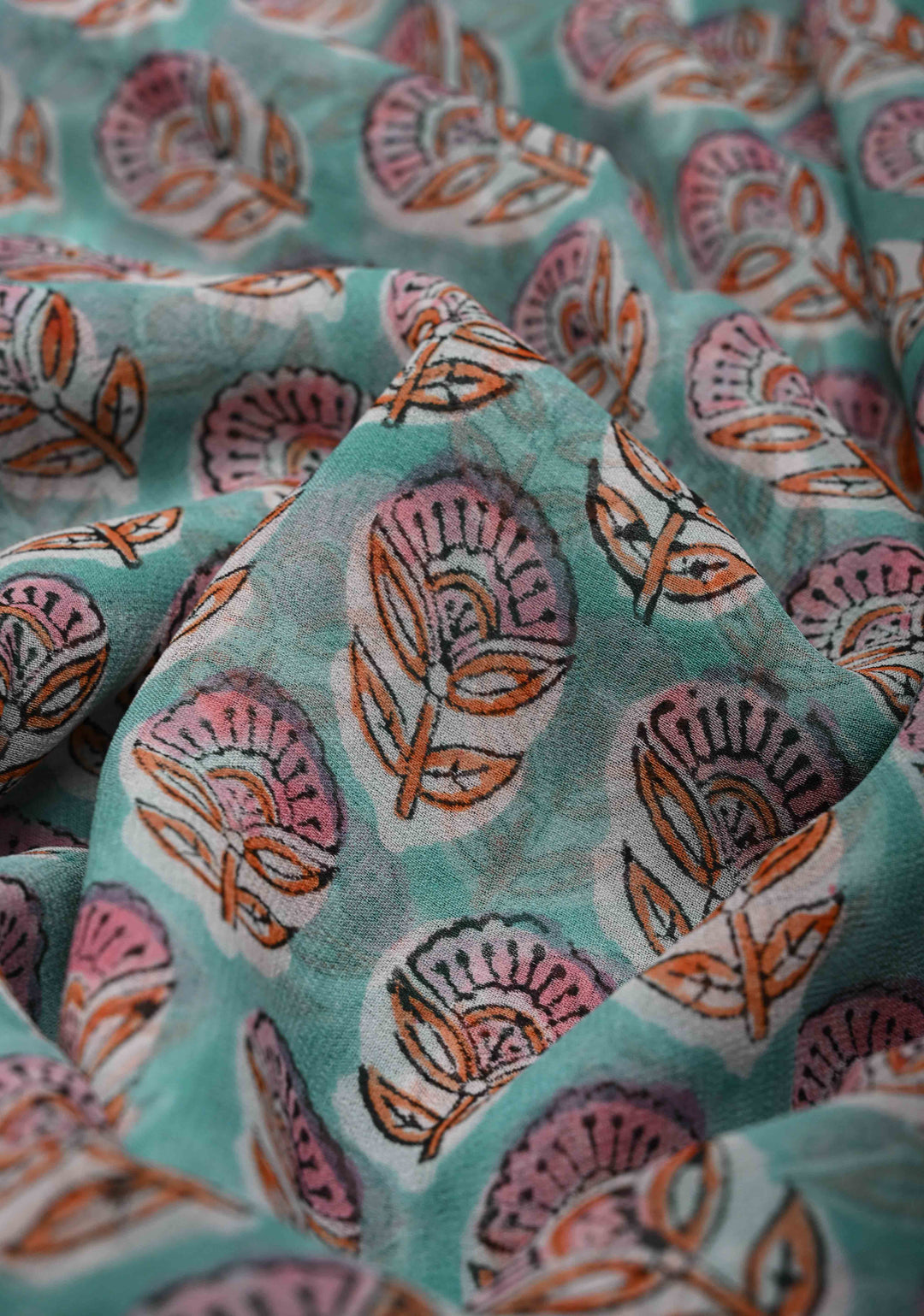 Light Teal Georgette Saree with Sanganeri Hand Block Print