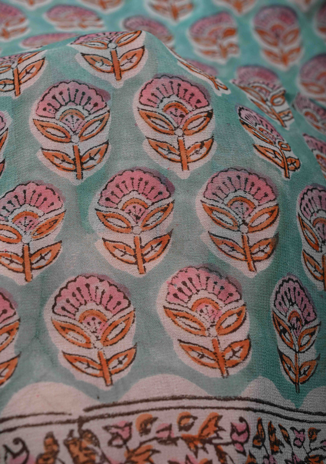 Light Teal Georgette Saree with Sanganeri Hand Block Print
