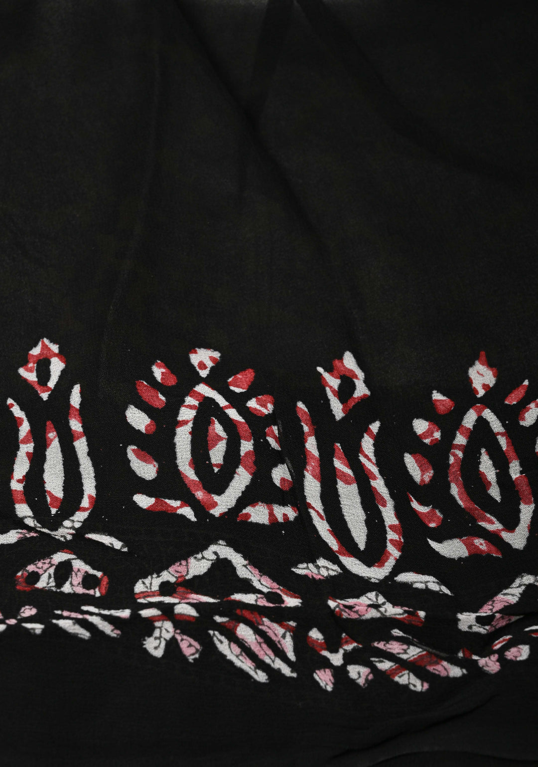 Black Georgette Saree with Hand Block Print with Handcrafted silk thread tassels