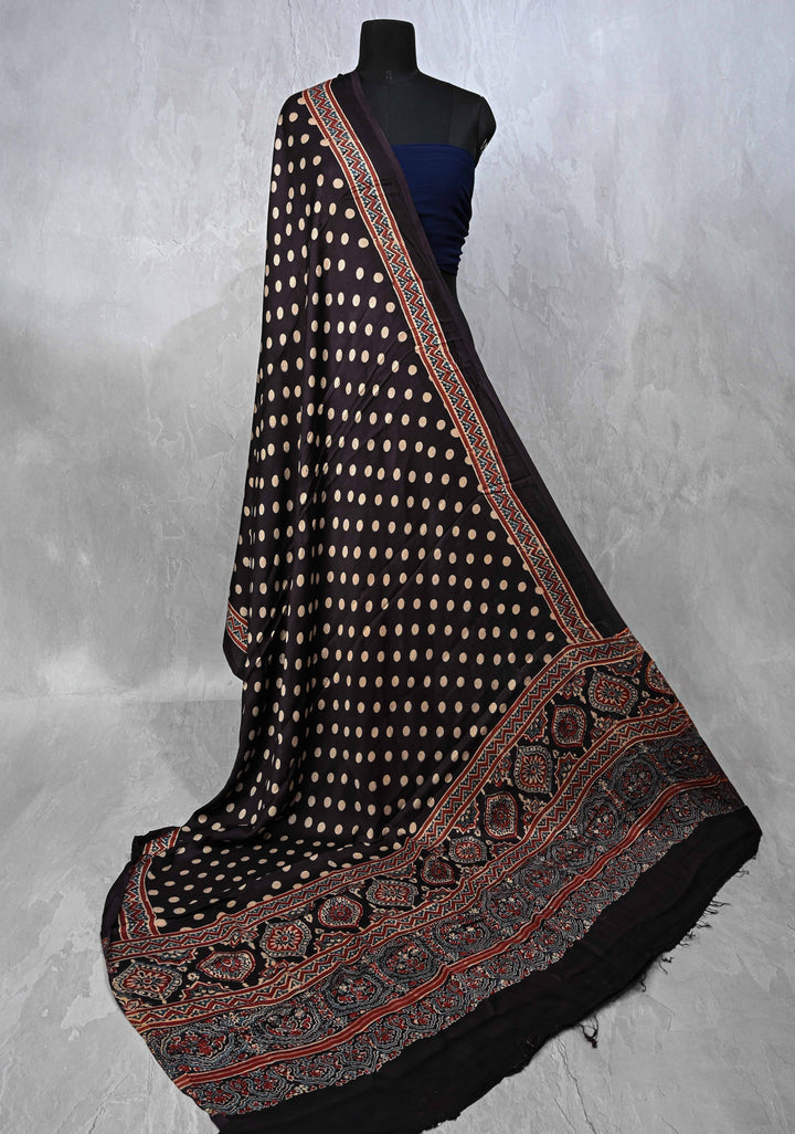 Dupatta: Authentic Black Modal Silk Dupatta with Polka Dot  Hand block Print