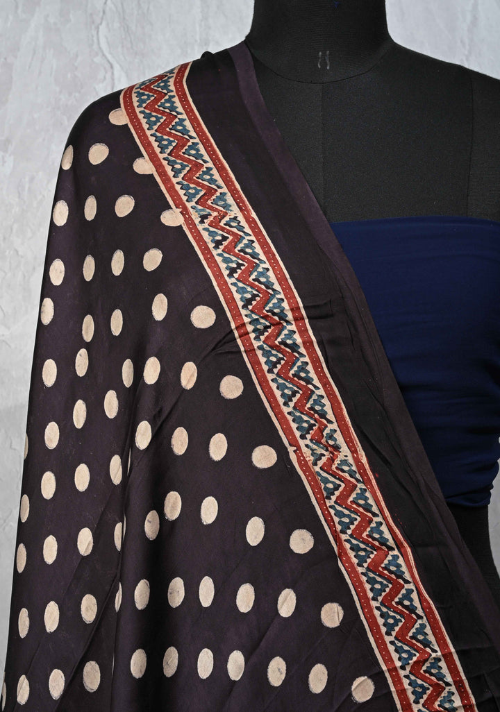 Dupatta: Authentic Black Modal Silk Dupatta with Polka Dot  Hand block Print