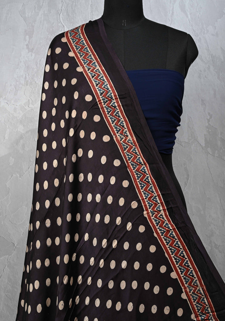 Dupatta: Authentic Black Modal Silk Dupatta with Polka Dot  Hand block Print
