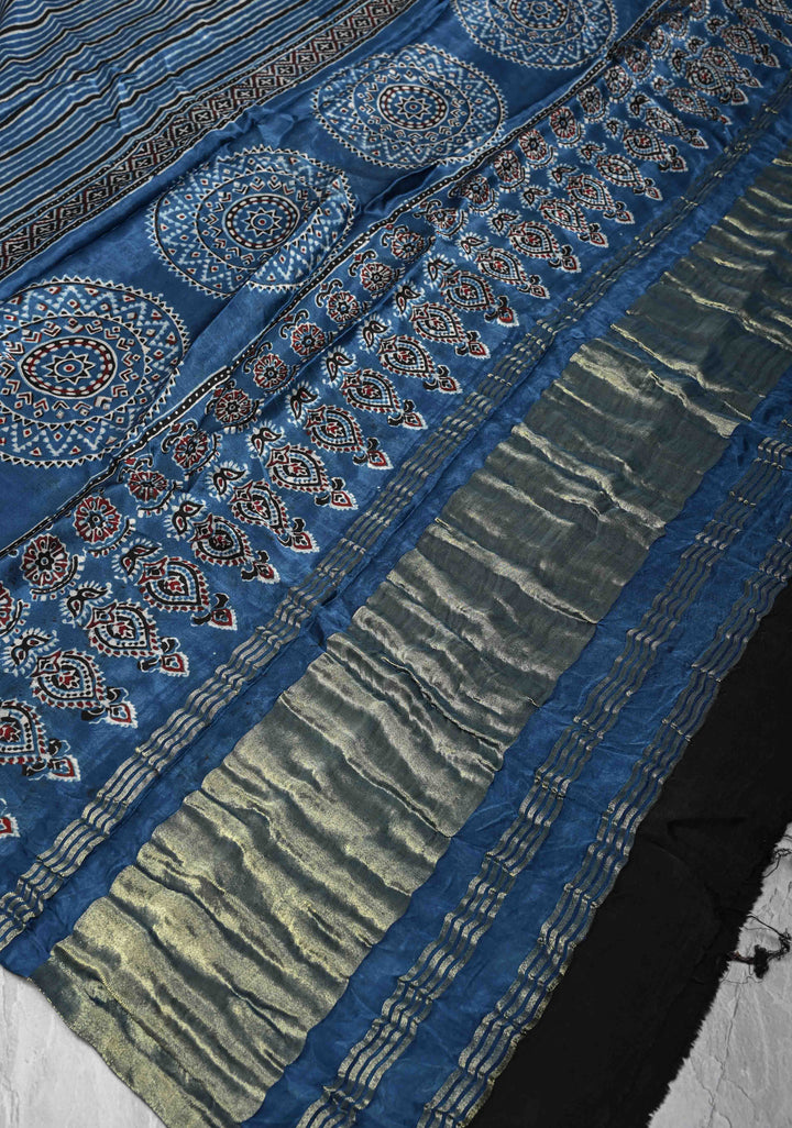 Dupatta: Authentic Blue Modal Silk Dupatta and Hand block Print with Stripes