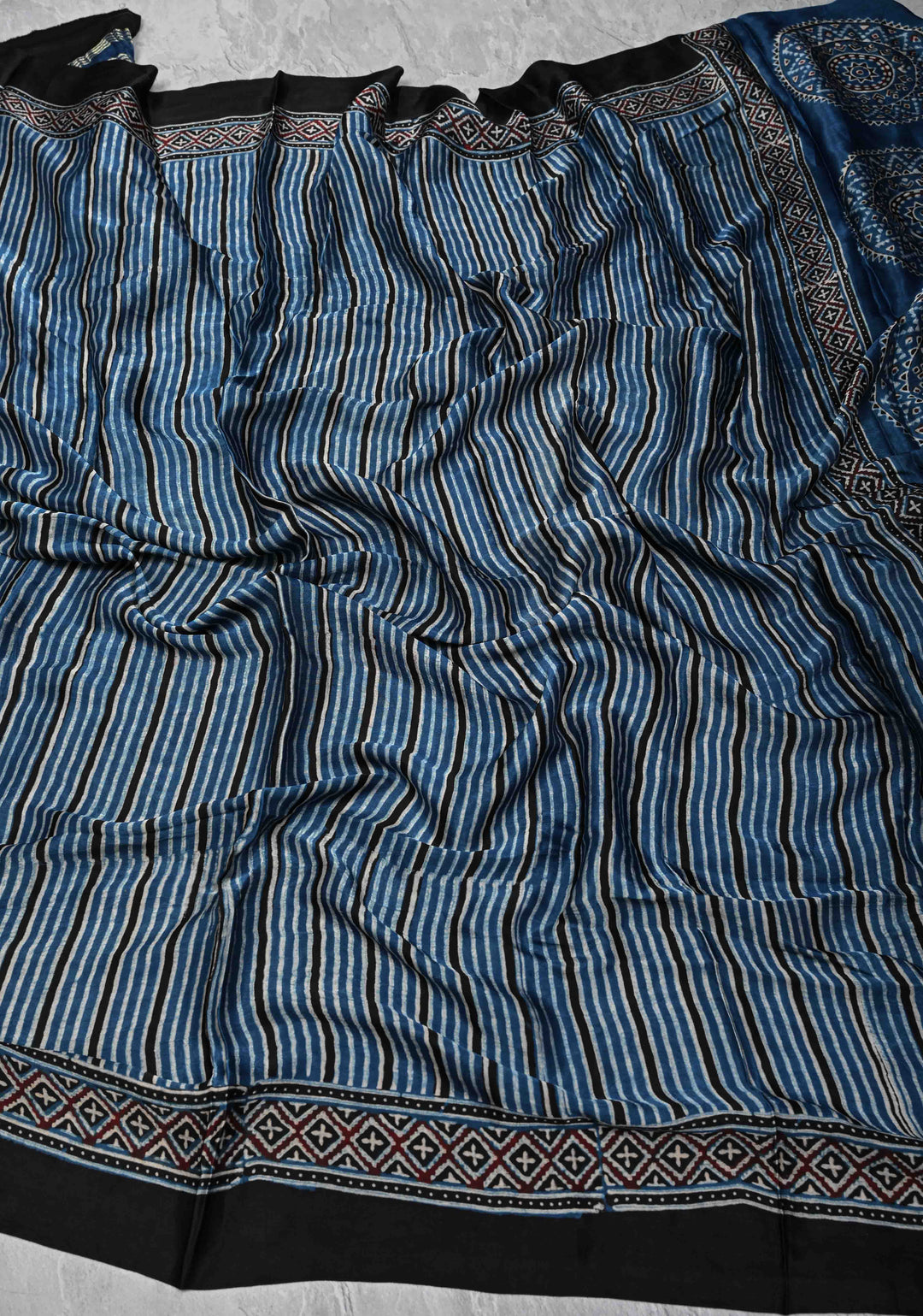 Dupatta: Authentic Blue Modal Silk Dupatta and Hand block Print with Stripes
