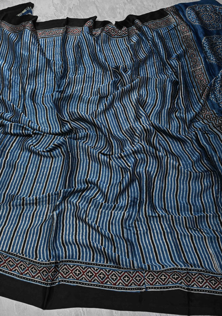 Dupatta: Authentic Blue Modal Silk Dupatta and Hand block Print with Stripes