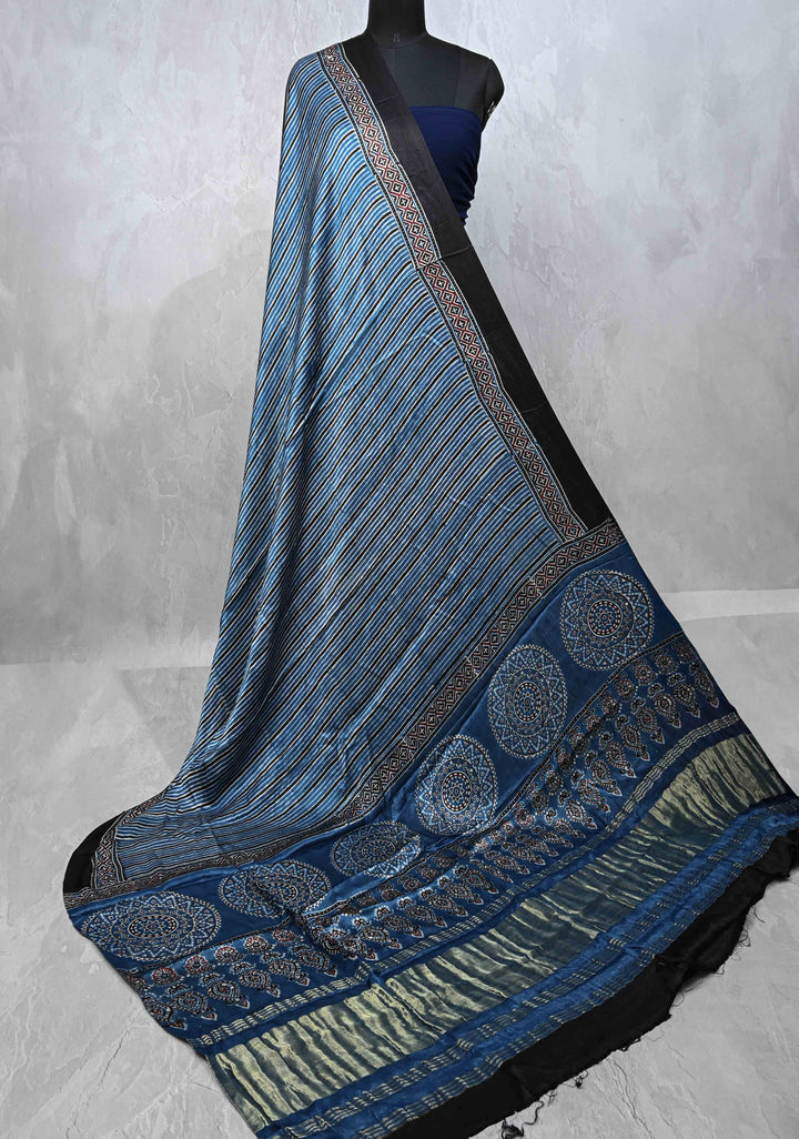Dupatta: Authentic Blue Modal Silk Dupatta and Hand block Print with Stripes