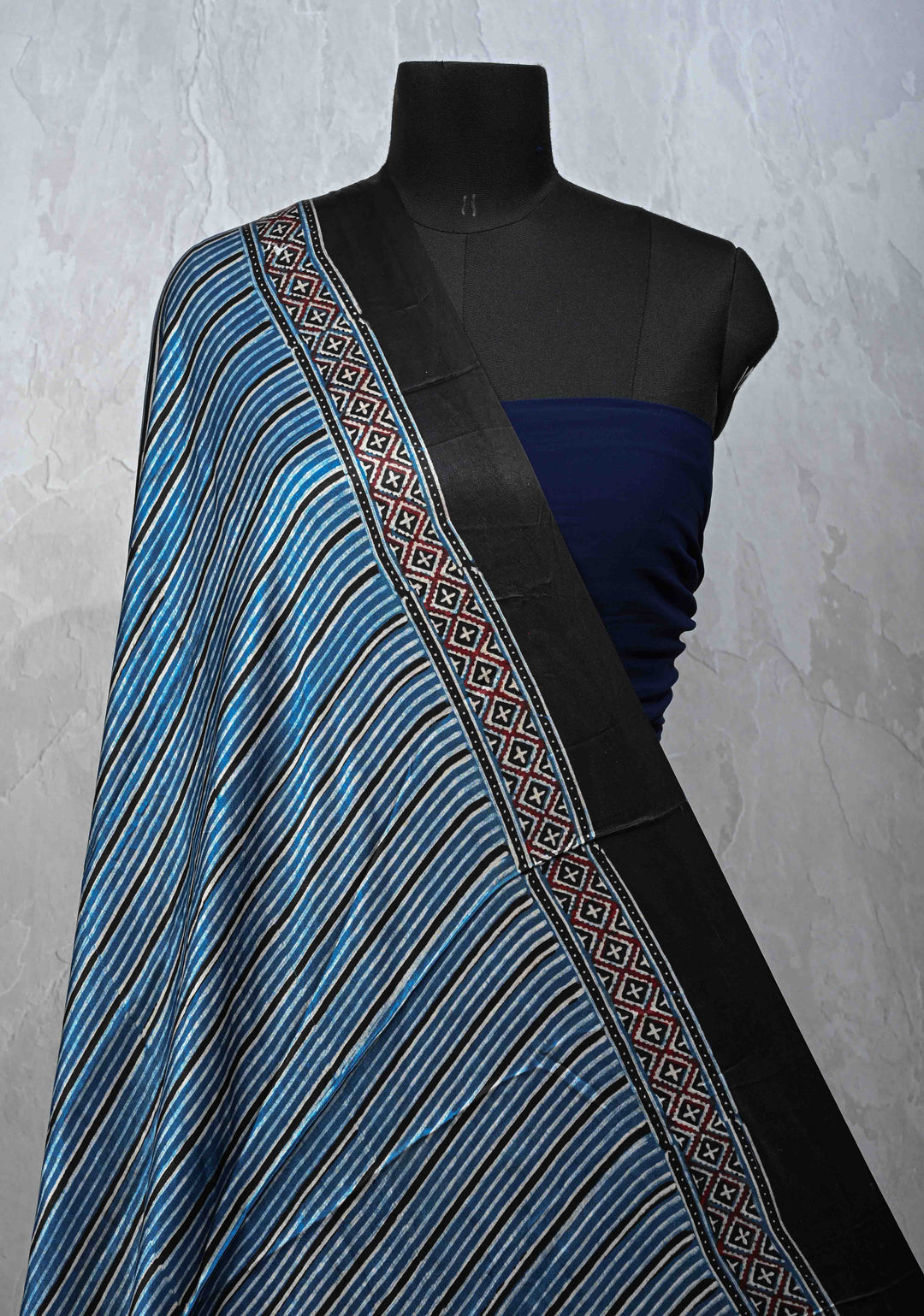 Dupatta: Authentic Blue Modal Silk Dupatta and Hand block Print with Stripes
