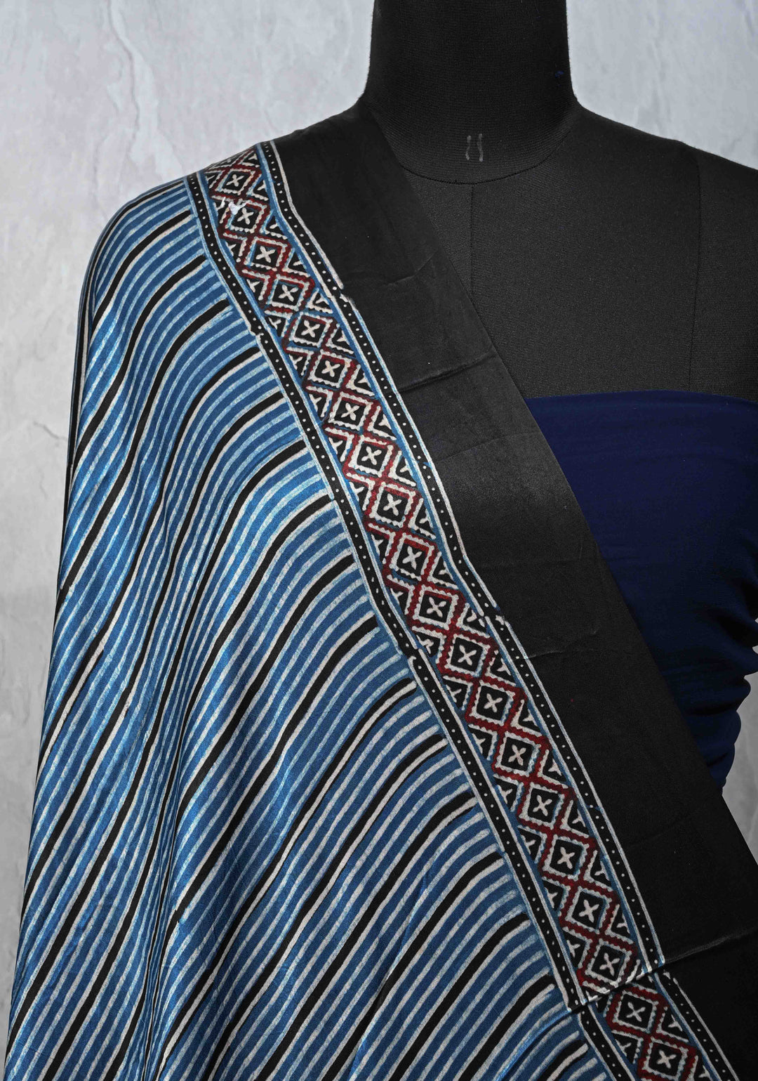 Dupatta: Authentic Blue Modal Silk Dupatta and Hand block Print with Stripes