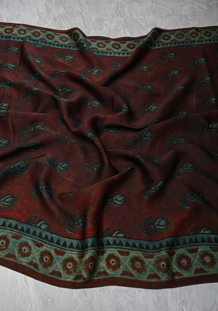 Dupatta: Authentic Maroon Modal Silk Dupatta with Floral Vanaspati Hand block Print
