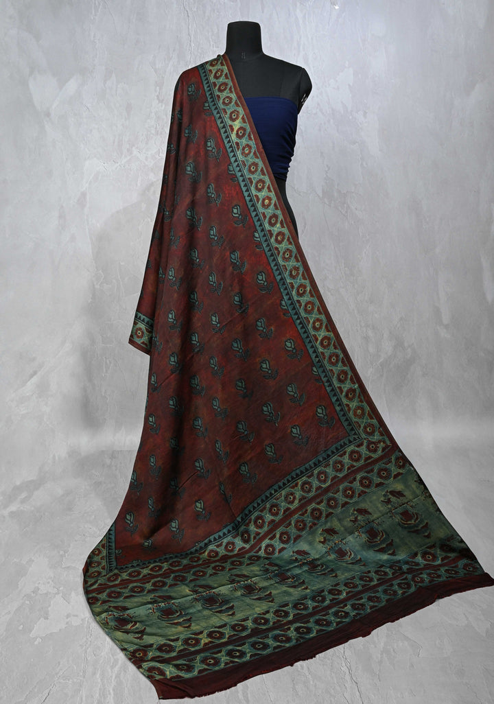 Dupatta: Authentic Maroon Modal Silk Dupatta with Floral Vanaspati Hand block Print