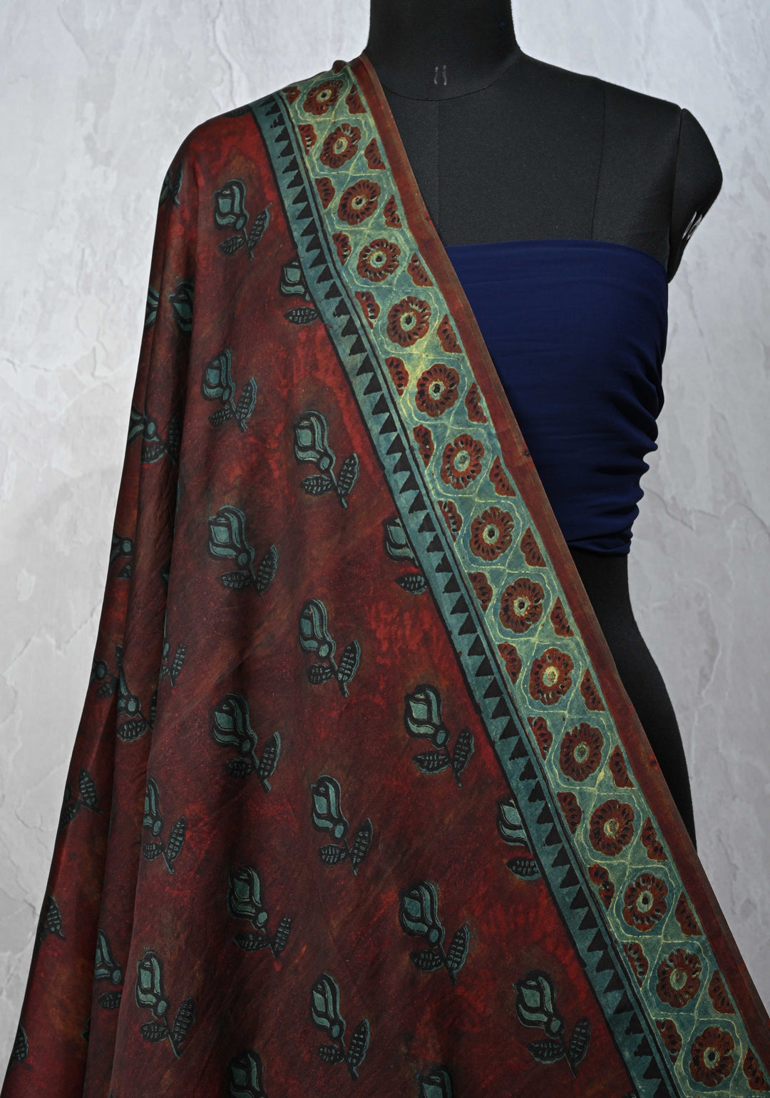 Dupatta: Authentic Maroon Modal Silk Dupatta with Floral Vanaspati Hand block Print