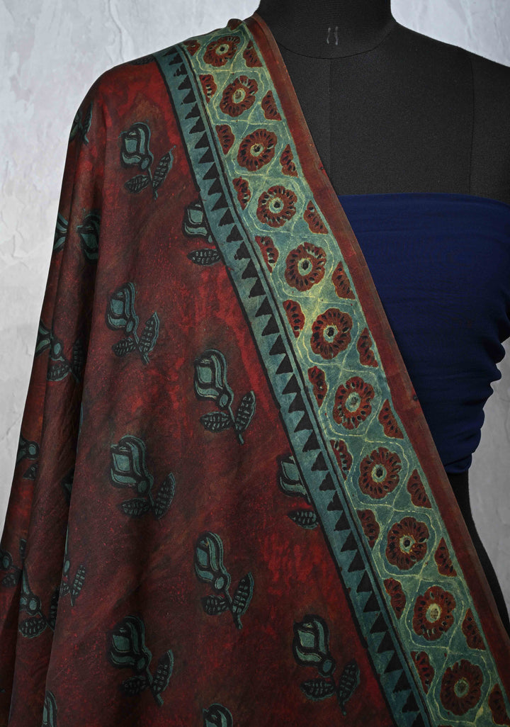 Dupatta: Authentic Maroon Modal Silk Dupatta with Floral Vanaspati Hand block Print