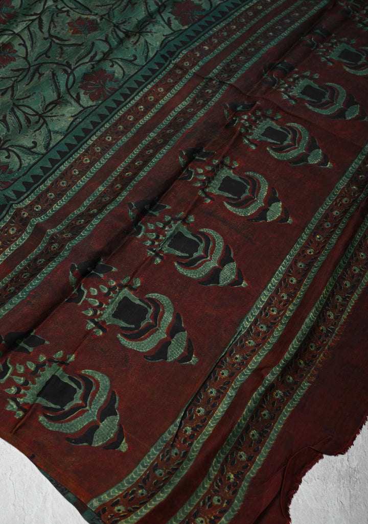 Authentic Hunter Green Modal Silk Dupatta with Floral hand block print