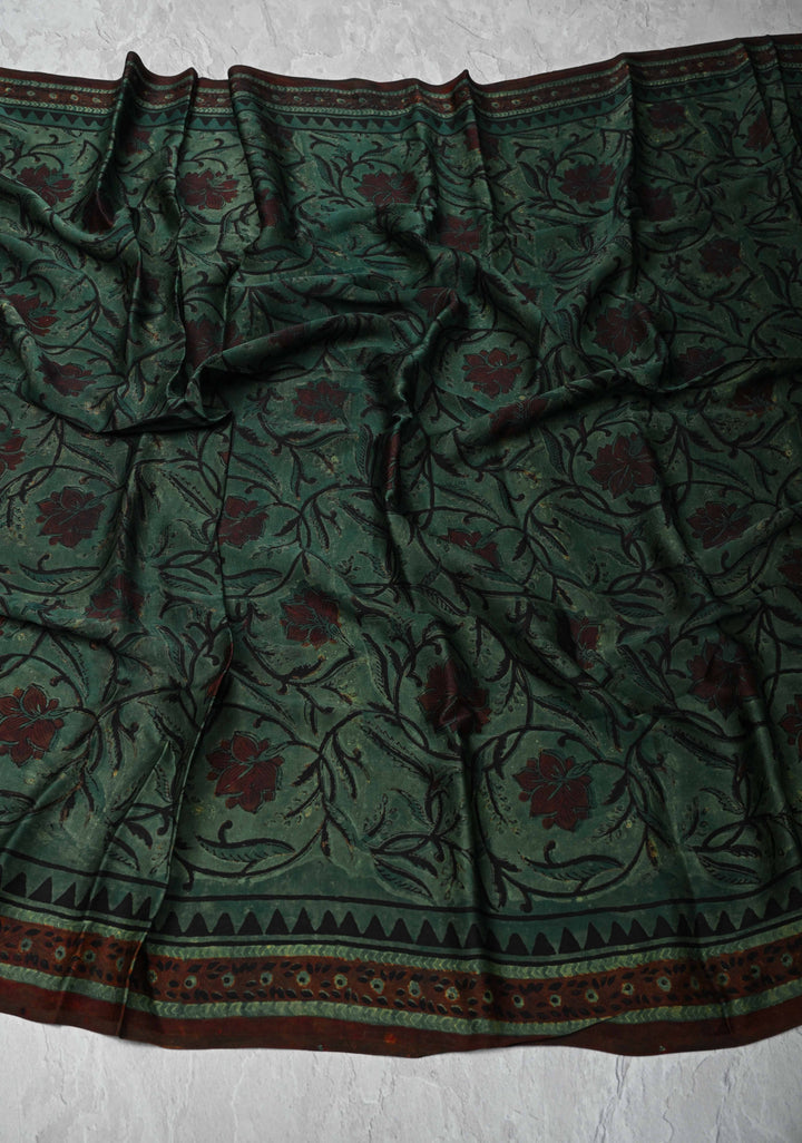 Authentic Hunter Green Modal Silk Dupatta with Floral hand block print