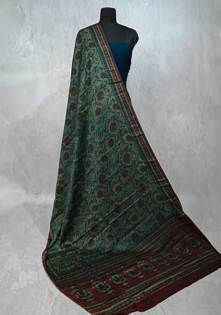 Authentic Hunter Green Modal Silk Dupatta with Floral hand block print
