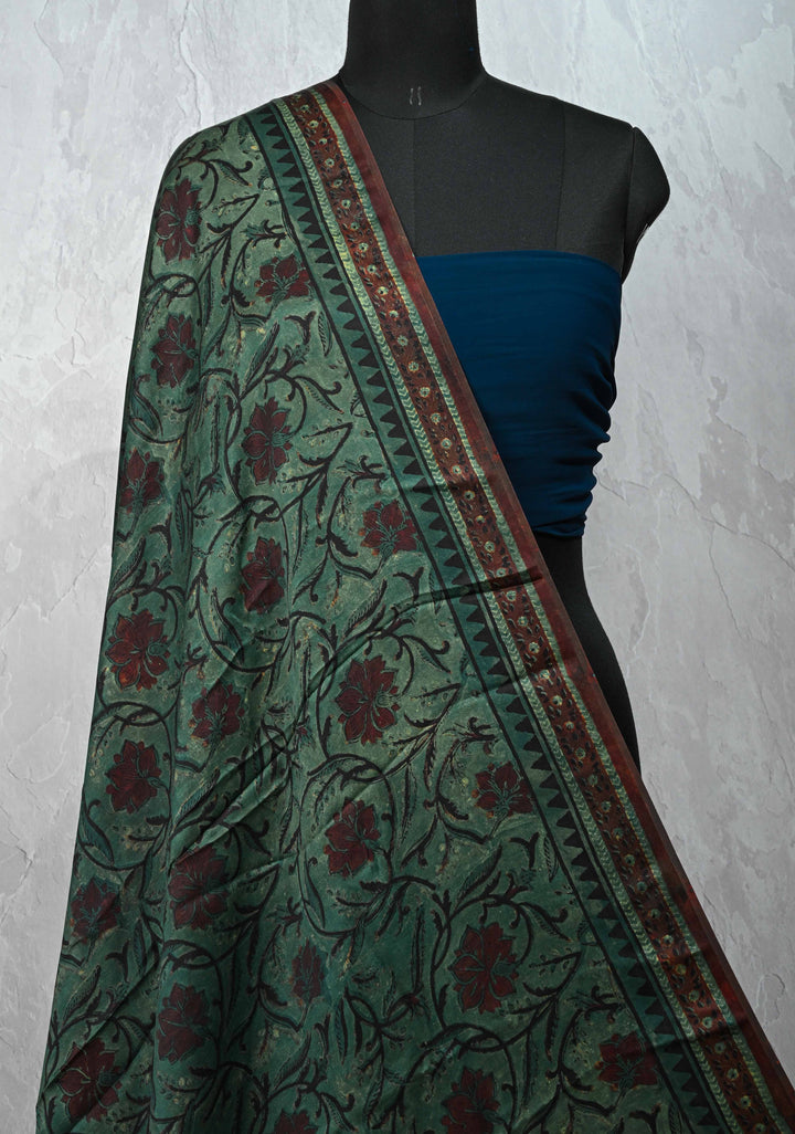 Authentic Hunter Green Modal Silk Dupatta with Floral hand block print
