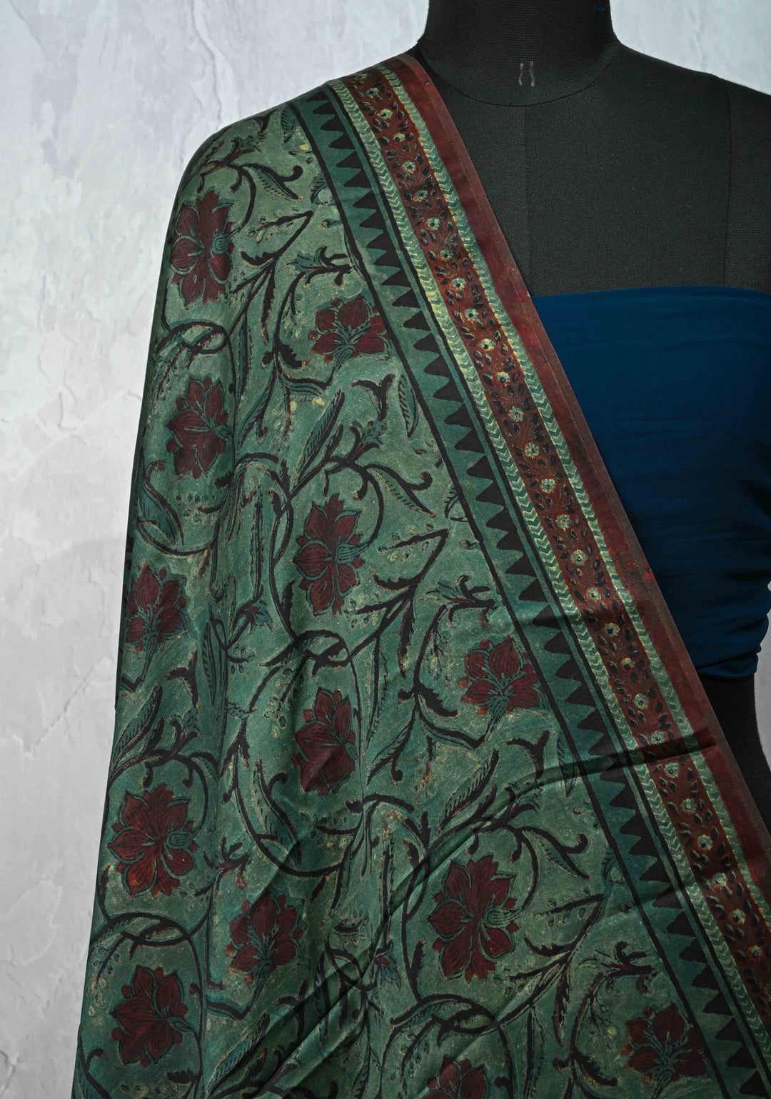 Authentic Hunter Green Modal Silk Dupatta with Floral hand block print