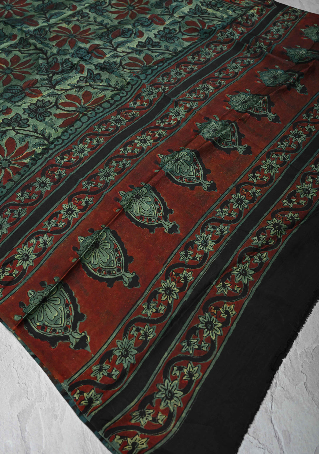 Dupatta: Authentic Green Modal Silk Dupatta with Floral  Hand block Print