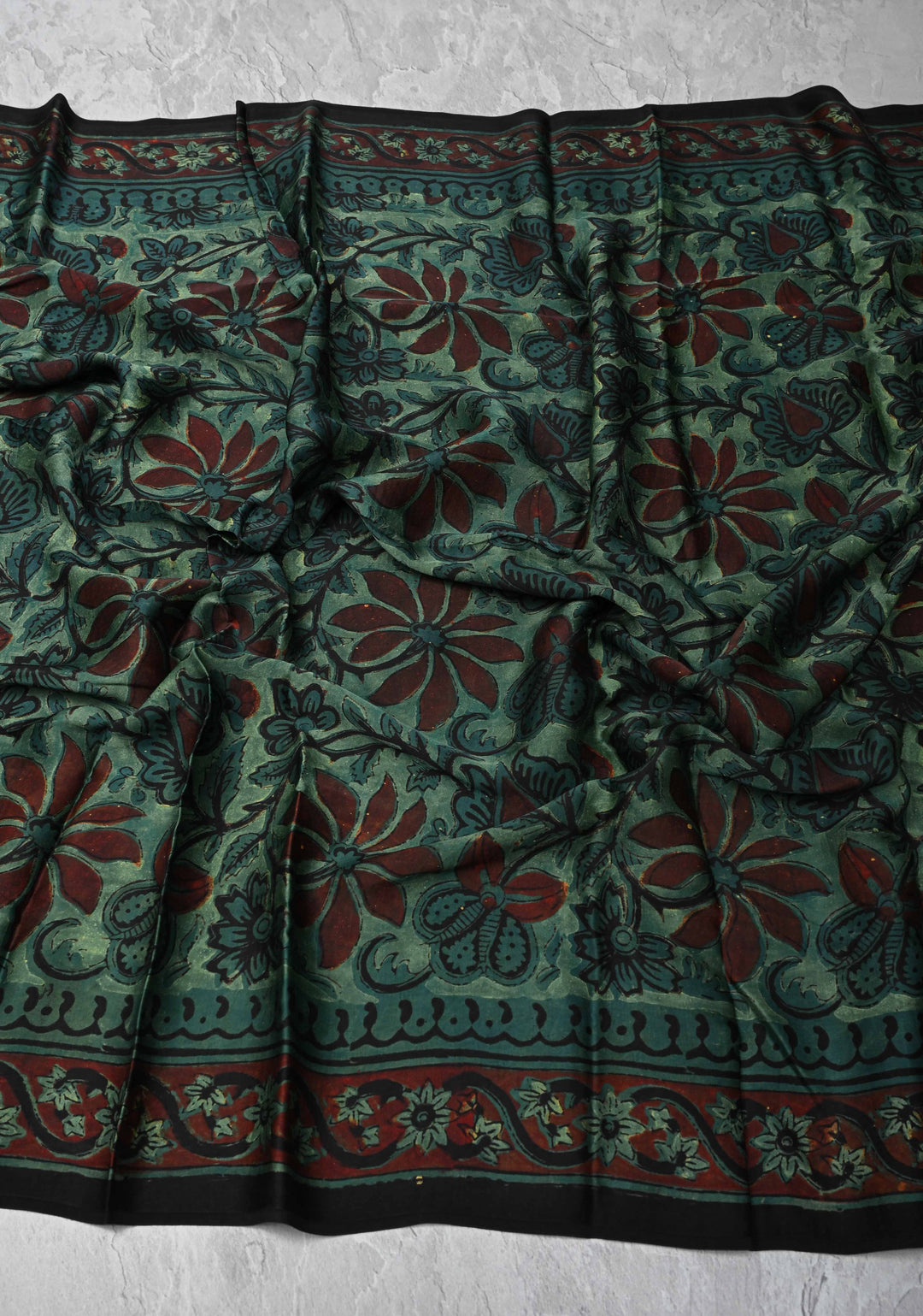 Dupatta: Authentic Green Modal Silk Dupatta with Floral  Hand block Print