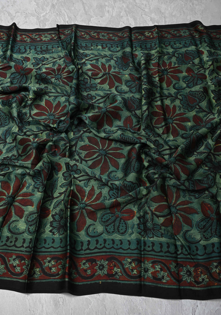Dupatta: Authentic Green Modal Silk Dupatta with Floral  Hand block Print