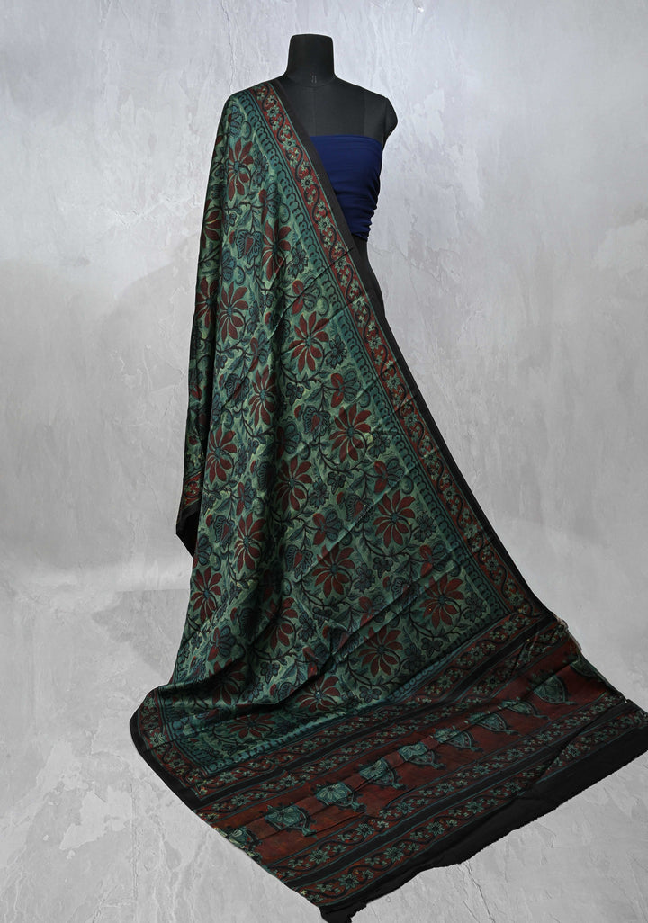 Dupatta: Authentic Green Modal Silk Dupatta with Floral  Hand block Print