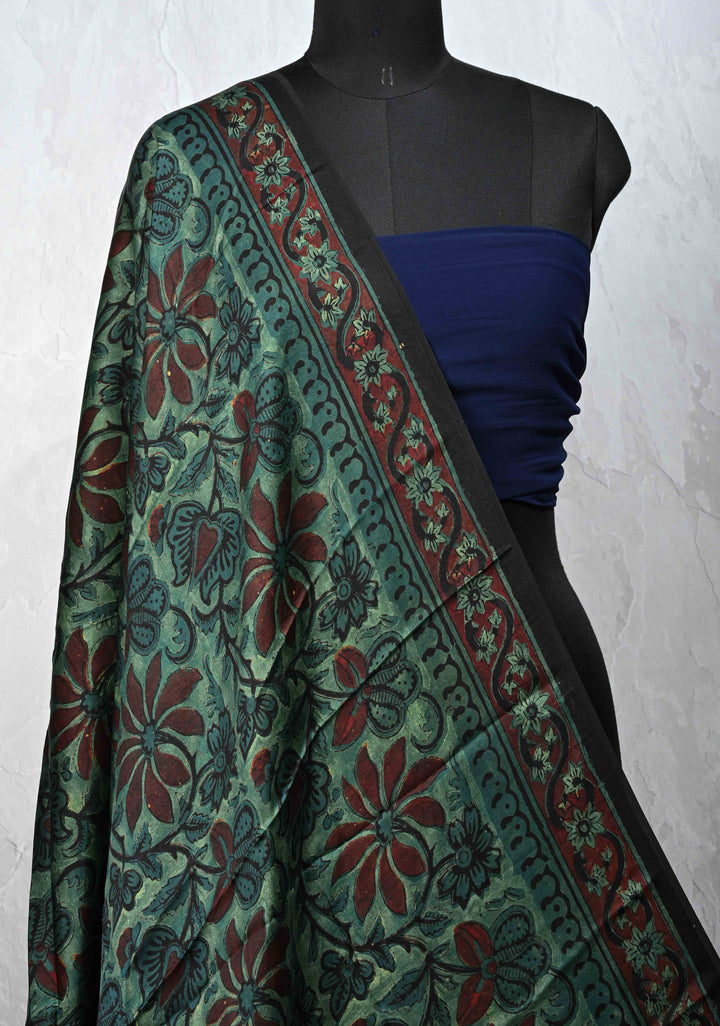 Dupatta: Authentic Green Modal Silk Dupatta with Floral  Hand block Print