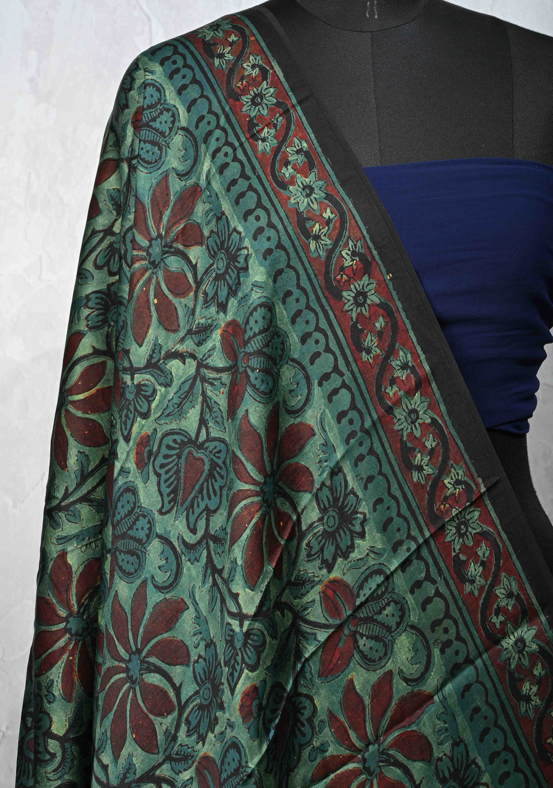 Dupatta: Authentic Green Modal Silk Dupatta with Floral  Hand block Print