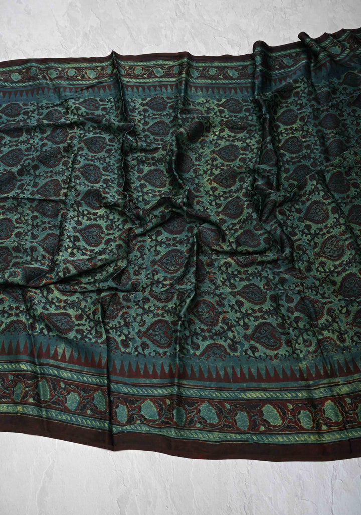 Dupatta: Authentic Green Modal Silk Dupatta with Vanaspathi  Hand block Print