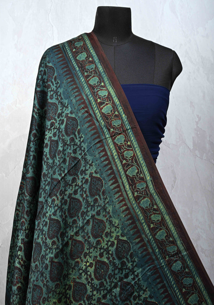 Dupatta: Authentic Green Modal Silk Dupatta with Vanaspathi  Hand block Print