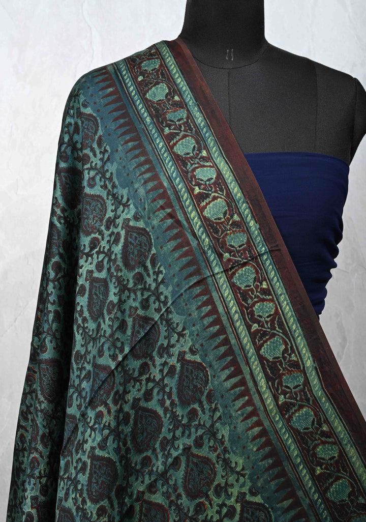 Dupatta: Authentic Green Modal Silk Dupatta with Vanaspathi  Hand block Print
