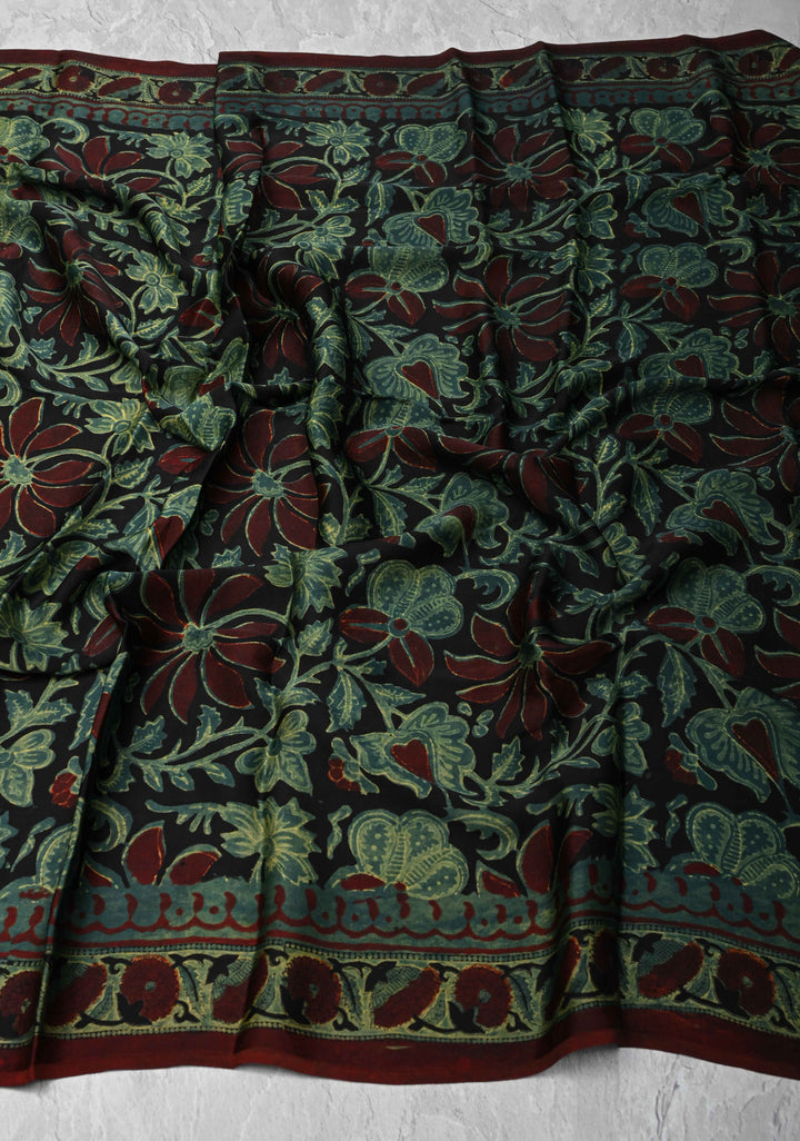 Dupatta: Authentic Black Modal Silk Dupatta with Floral  Hand block Print