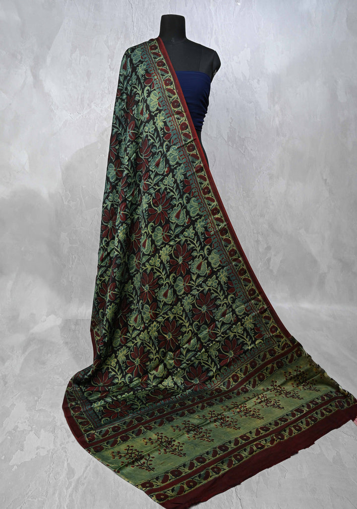 Dupatta: Authentic Black Modal Silk Dupatta with Floral  Hand block Print