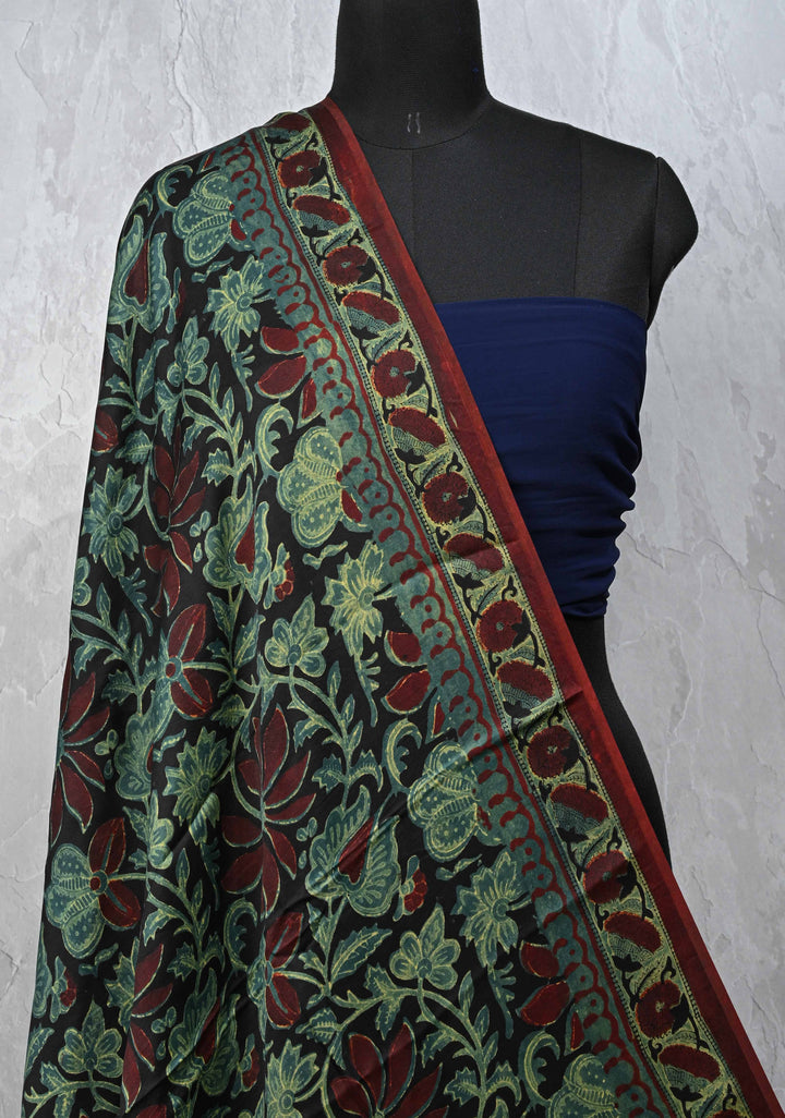 Dupatta: Authentic Black Modal Silk Dupatta with Floral  Hand block Print
