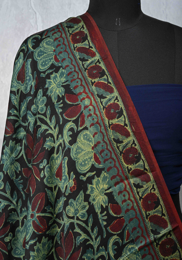 Dupatta: Authentic Black Modal Silk Dupatta with Floral  Hand block Print