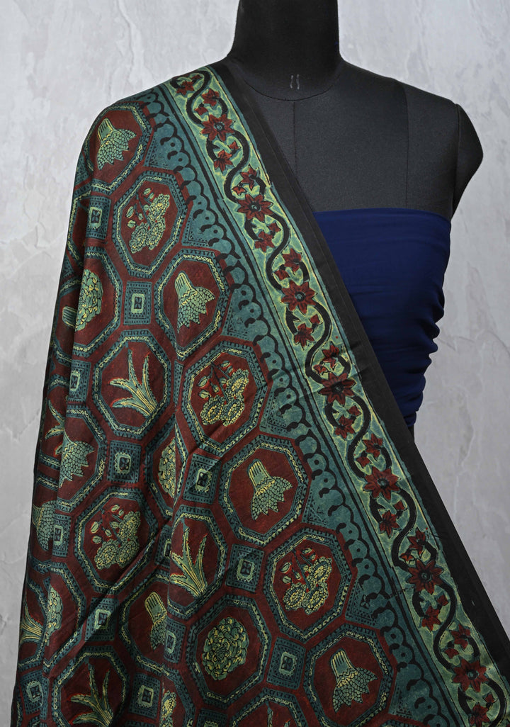 Dupatta: Authentic Dark Maroon Modal Silk Dupatta with Hand block Print